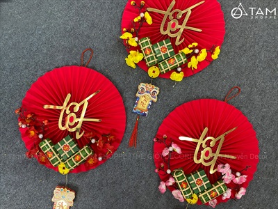 Vòng treo cửa Tết Quạt giấy nhung Đỏ Tết bánh chưng xanh [3 kiểu - Nhẹ] N30cm VTC-T-47